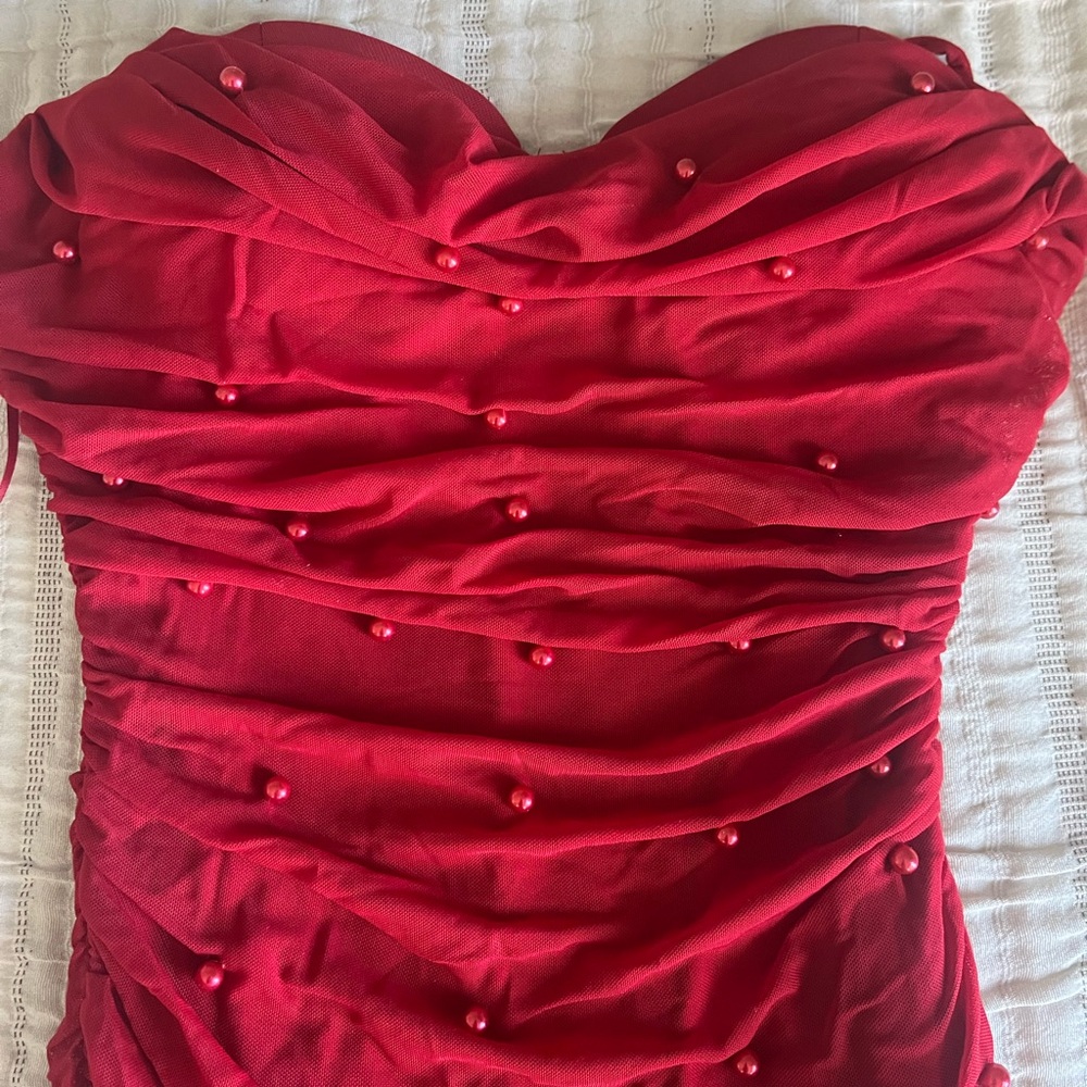 Red pearl mesh dress